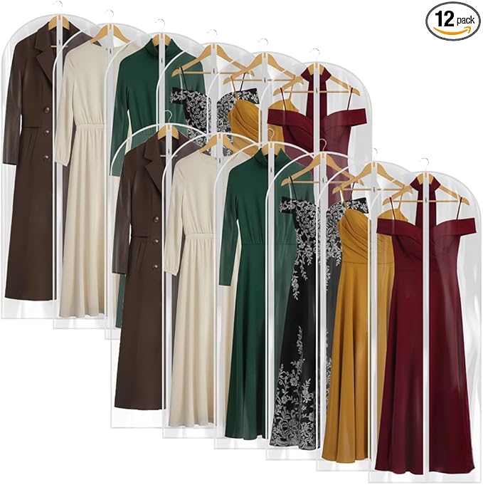 60” All Clear Garment Bags for Travel - PEVA Waterproof Suit Cover with Zipper for Hanging Clothes, long Gowns - Durable Dresser for Closet Storage, Dustproof & Moisture Resistant - 60”/12 Pack