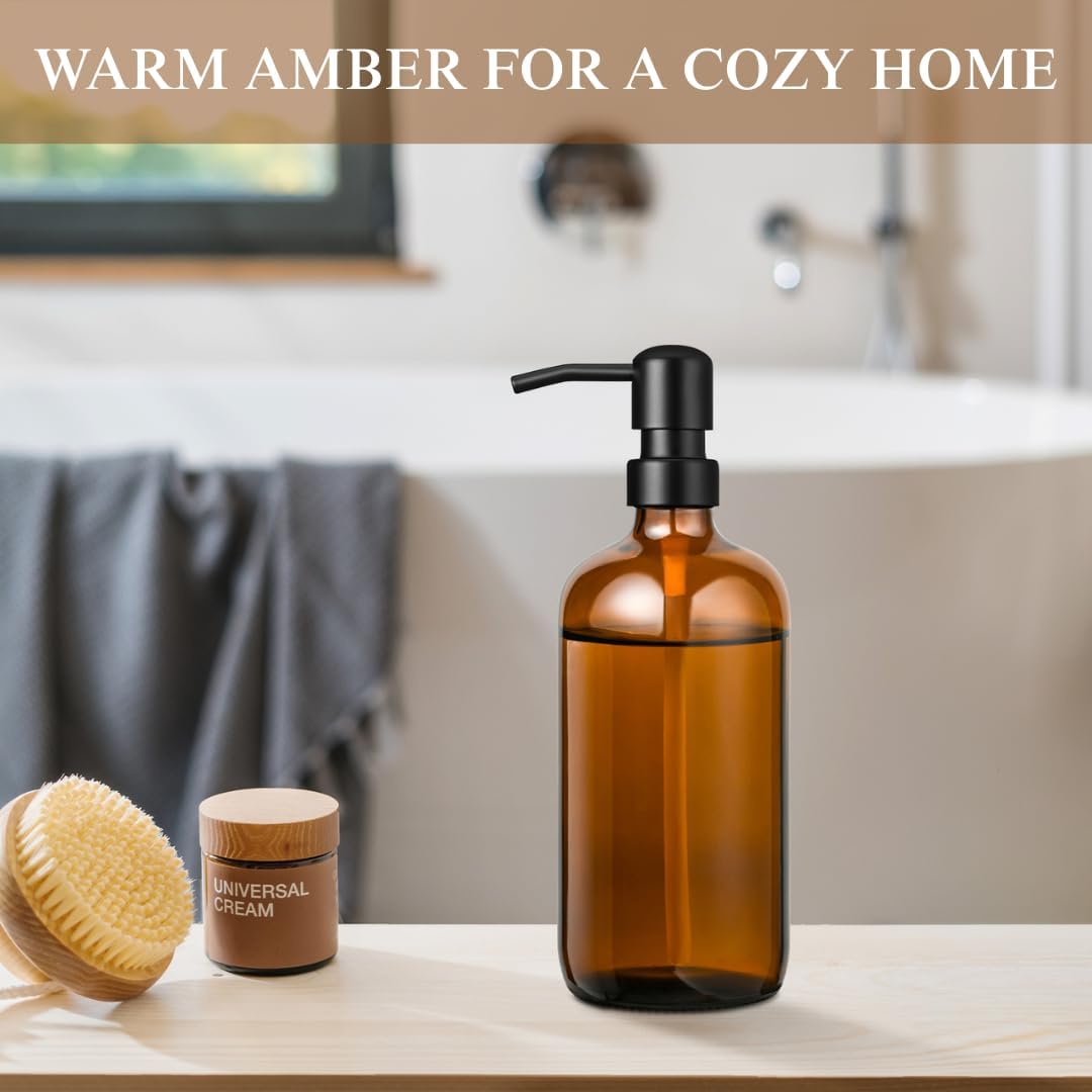 Amber Glass Soap Dispenser with 304 Stainless Steel Pump 17 oz for Kitchen Dish Soap and Bathroom Hand Soap Bottle