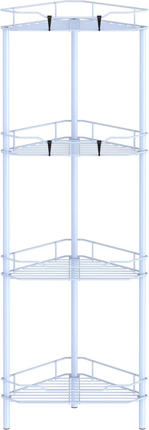 4 Tier Floor Standing Corner Shower Caddy Organizer Shelf with Hooks, Bathroom Shelves Stand Rack, Blue