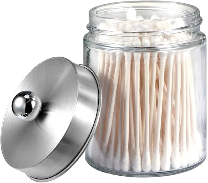 Amolliar Apothecary Jars Bathroom Vanity Organizer -Countertop Canister Jar with Storage Lid - Qtip Dispenser Holder Glass for Qtips,Cotton Swabs,Makeup Sponges ,Hair Band - Brushed Nickel (1 Pack)