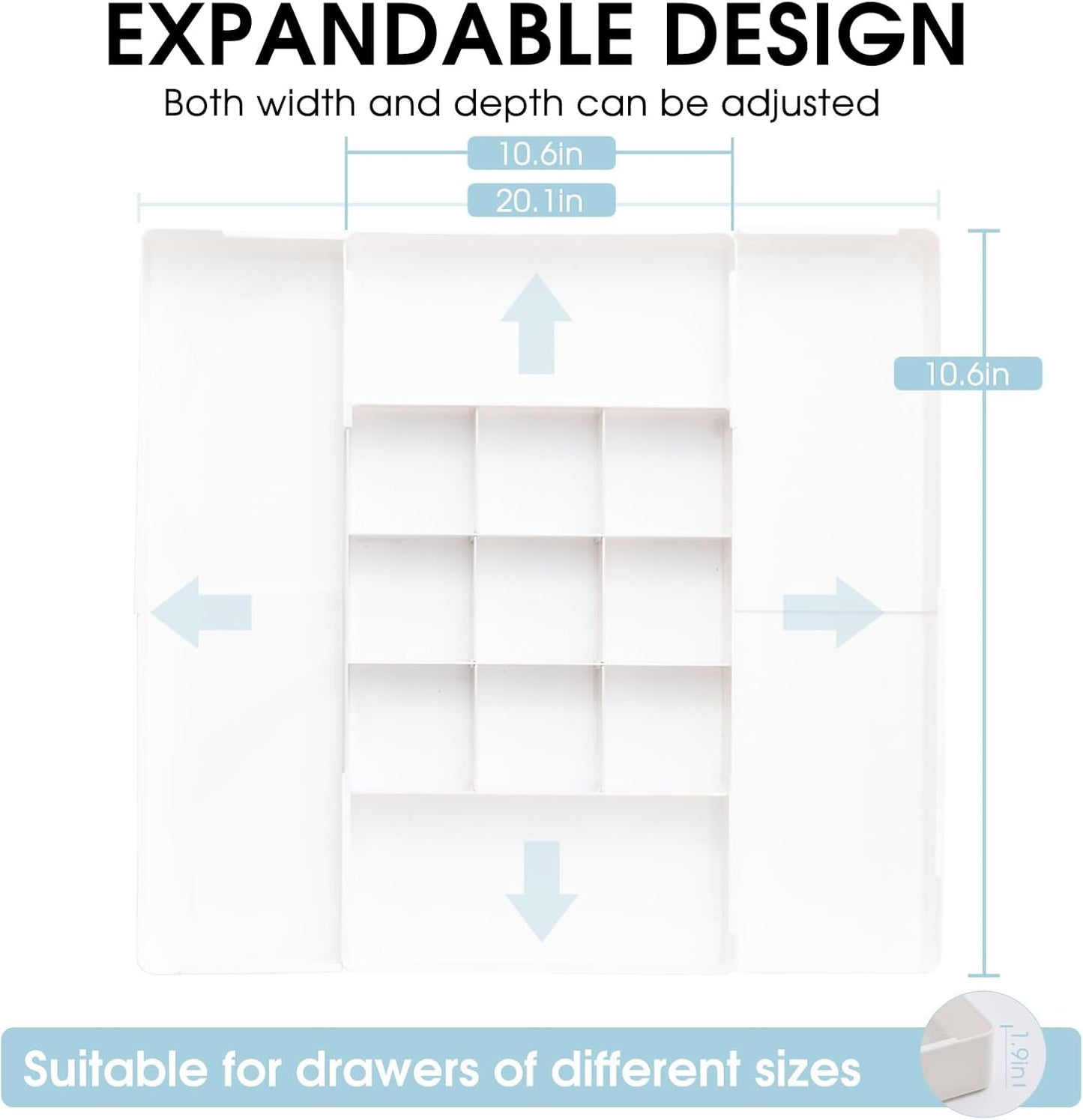 MIUOPUR Expandable Drawer Organizer, Width (10.6"-20.1") Depth (11"-20.1"), Plastic Makeup Drawer Organizer with 6 Removable Dividers, Silverware Organizer, Great for kitchen and Bathroom Drawers