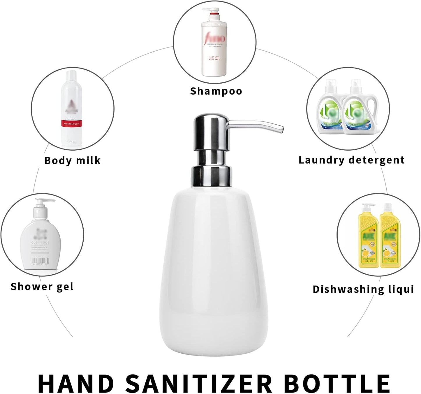 Hand Soap Dispenser Ceramics Bottles with Stainless Steel Pump Bathroom Empty Shampoo Bottles 10oz/300ml 2.76 inches Tall and 1.18 inches Wide