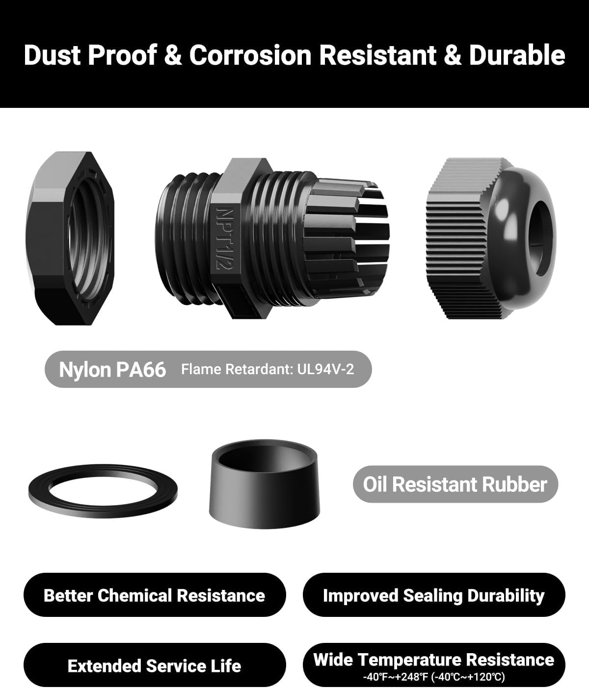 VCELINK 10 Pcs 1/2" NPT Cable Glands Nylon Waterproof, IP68 PA66 Cord Connectors, NPT 1/2" Wire Entry for Electrical Boxes, Strain Relief Wire Grommets, Black