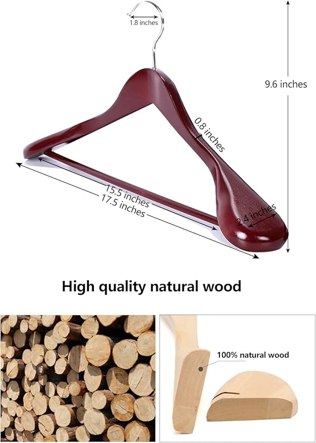 12 Pack Wide Shoulder Wooden Hangers, Suit Hangers with Non Slip Pants Bar, Smooth Finish 360° Swivel Hook Solid Wood Coat Hangers for Dress, Jacket, Pants, Heavy Clothes Hangers (Vintage 12PCS)
