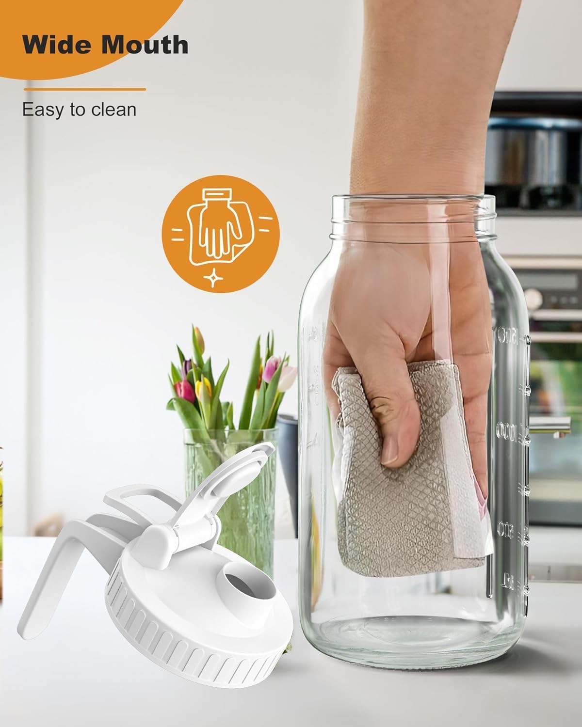 64oz Glass Pitcher, 2 Quart Mason Jar Pitcher with Lid and Spout | Wide Mouth | Airtight | Leakproof | Glass Water Jug for Juice, Sun Iced Tea, Cold Brew Coffee, Milk Storage, White