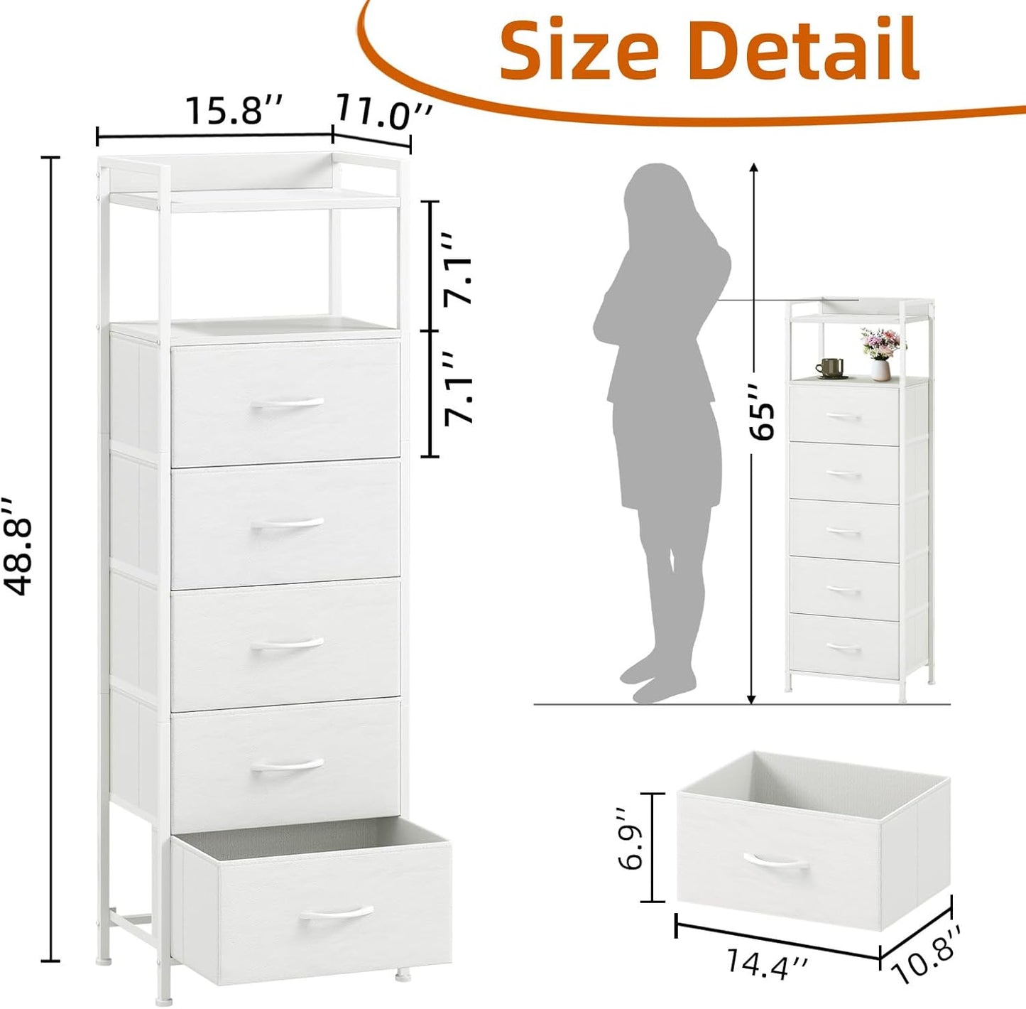 Somdot White Tall Night Stand for Bedroom,Tall 5 Drawers Dresser, Vertical Storage Tower Unit, Nightstand Furniture with Fabric Drawer Organizer in Bedside Kids Dorm Room Closet Laundry Entryway