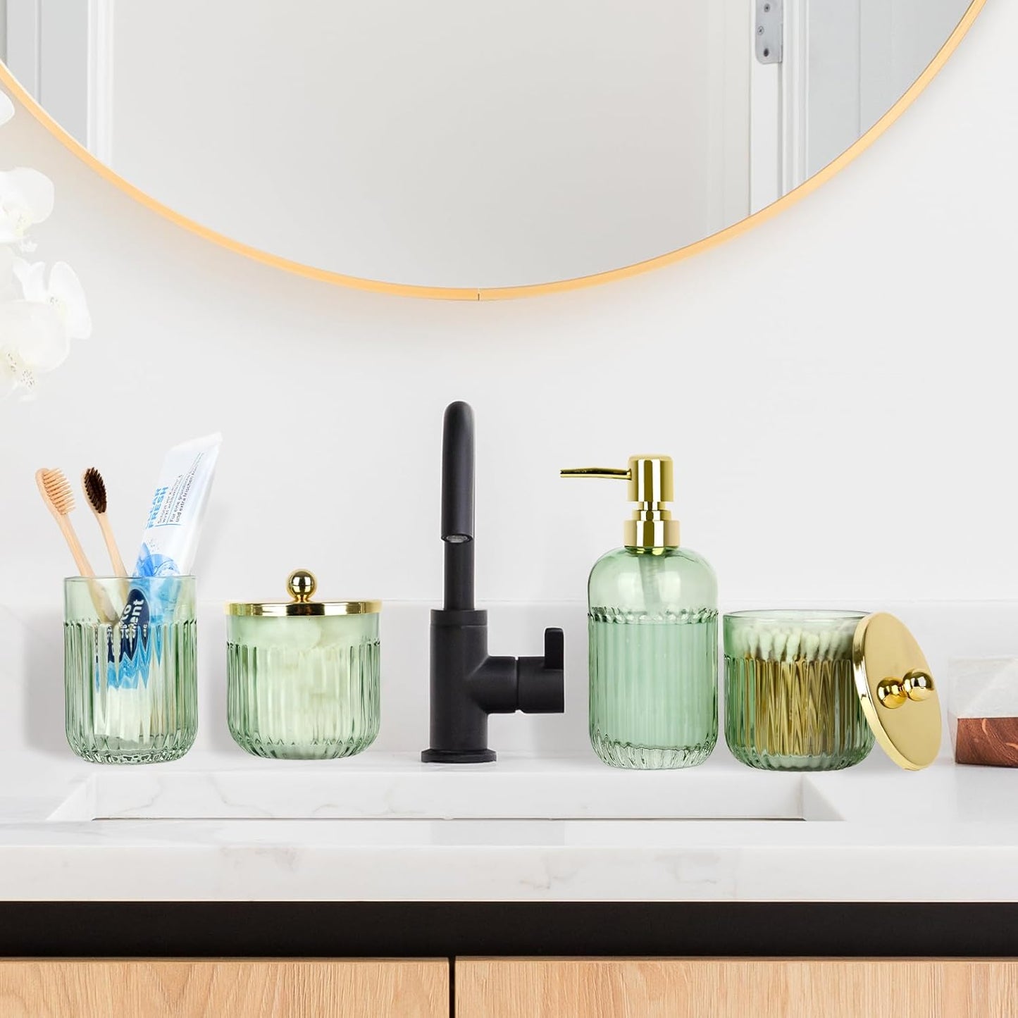Bathroom Accessories Set,4 Pcs Green Glass Bathroom Accessories Set with Toothbrush Holder,Lotion Soap Dispenser,2 Qtip Holder Dispensers - Countertop Organizer for Modern Bathroom Decor - Green