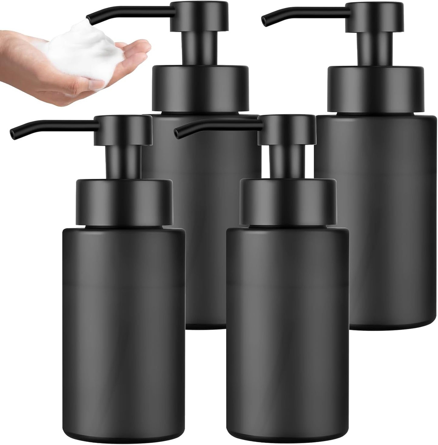 4 Pack 10 OZ Glass Foaming Soap Dispenser for Bathroom & Kitchen Foaming Hand Soap Dispenser with Labels Dispenser for Liquid Soap,Shampoo,Body Wash,Dish Soap,Black