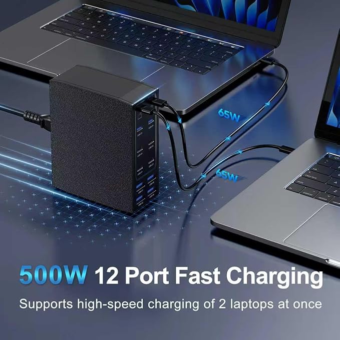 500W USB C Charger Block, 12-Port USB C Charging Station for Multiple Devices, Leather Texture Dual PD 65W Laptop Fast Charger Compatible with MacBook Pro/Air, iPad, iPhone,Galaxy and More, Black