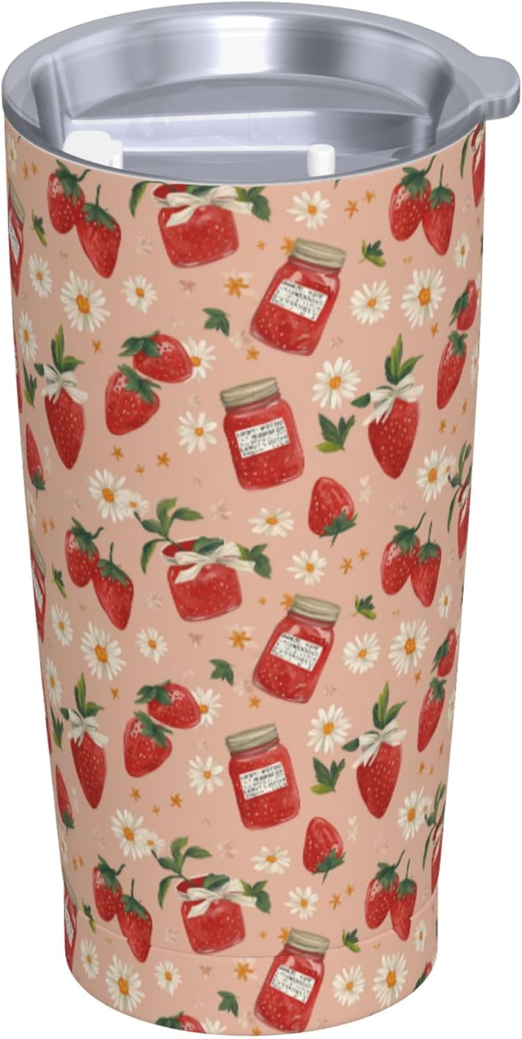 Strawberry Tumbler with Lid and Straw 20oz Insulated Reusable Stainless Steel Travel Mug Double Wall Vacuum Coffee Cup for Hot Cold Drinks Leak-Proof Portable Cups for Women Men Gifts