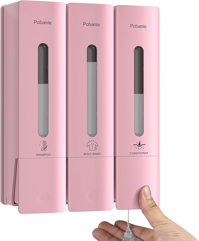1984 Shower Soap Dispenser Bathroom Set Shampoo Conditioner Body Wash Dispenser Wall Mounted Shower Shampoo Dispenser 3 Chamber No Drill for Home Star Hotel 3 x 400ml Pink