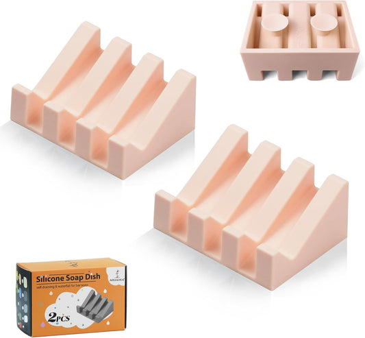 Silicone Soap Dish with Drain, Upgrade Double Suction Cups at The Bottom for Anti-Slip and Stability, Soap Dish Shower Waterfall Bar Soap Holder Tray with Drain Soap Holder (2, Pink)