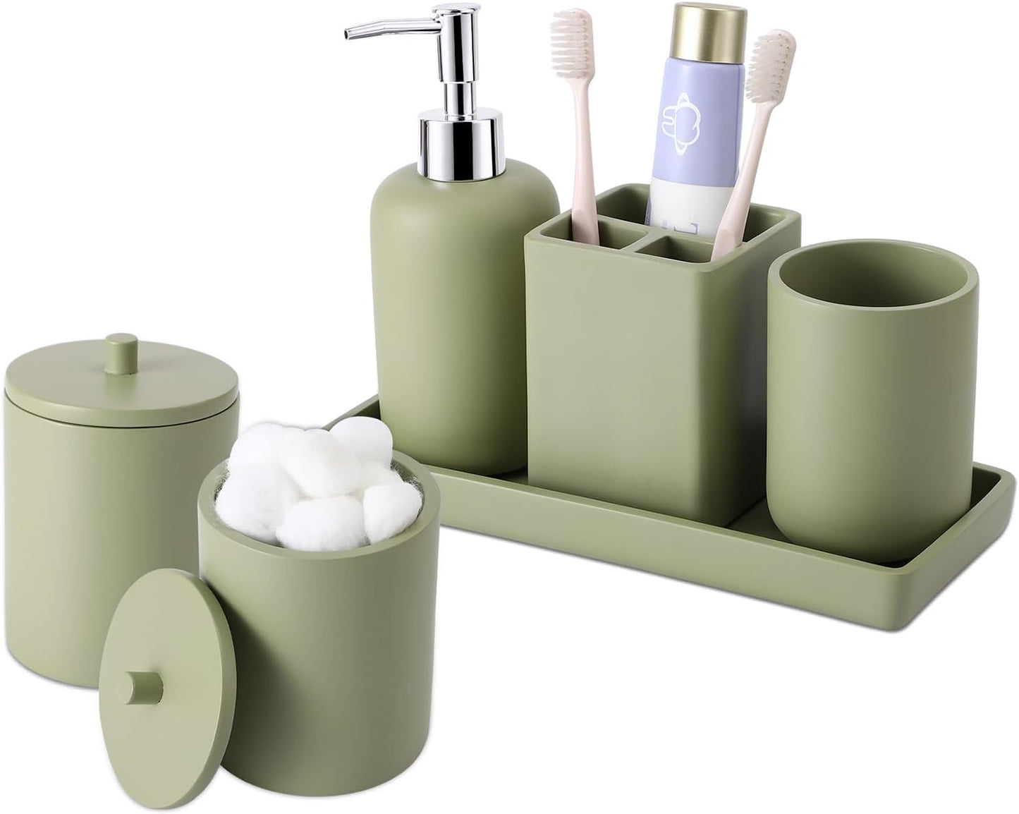 Resin 6 Pcs Green Bathroom Set Complete with Toothbrush Holder, Lotion Soap Dispenser, 2 Qtip Holder Dispensers,Vanity Tray,Bathroom Tumbler - Countertop Vanity Organizer - Bathroom Accessories