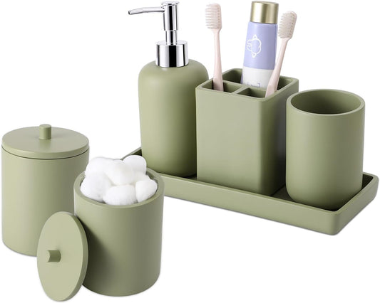 Resin 6 Pcs Green Bathroom Set Complete with Toothbrush Holder, Lotion Soap Dispenser, 2 Qtip Holder Dispensers,Vanity Tray,Bathroom Tumbler - Countertop Vanity Organizer - Bathroom Accessories