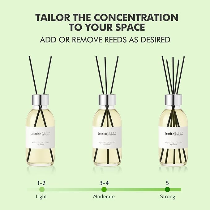 Clesh Reed Diffuser Set, 6.7 oz Jasmine Scented Diffuser with Sticks, Home Fragrance Reed Diffuser for Bathroom Shelf Decor