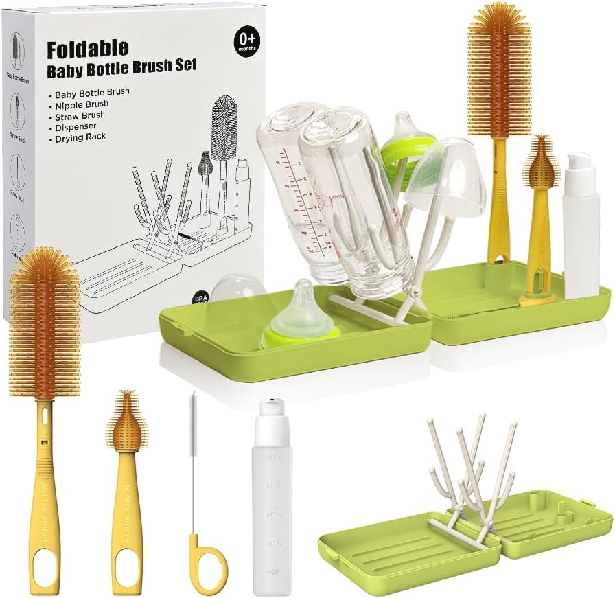 YOTIME Travel Bottle Brush, Travel Bottle Cleaner Kit with Foldable Bottle Drying Rack, for Visit Friends and Relations, Baby Travel Essentials, BPA Free, Green