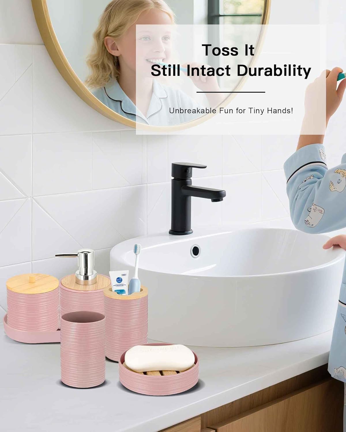 IMAVO Pink Bathroom Set,26Pcs Bathroom Accessories Set with Waffle Shower Curtain,Rugs,Trash Can,Tray,Soap Dispenser,Soap Dish,Toothbrush Holder,Toothbrush Cup,Toilet Brush Holder and Qtip Holders