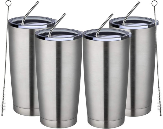 MEWAY 20oz Tumbler 4 Pack Double Wall Vacuum Insulated Travel Mug Bulk, Stainless Steel Tumblers with Lid and Straw, Durable Powder Coated Coffee Cups for Cold & Hot Drinks (Silver, 4)
