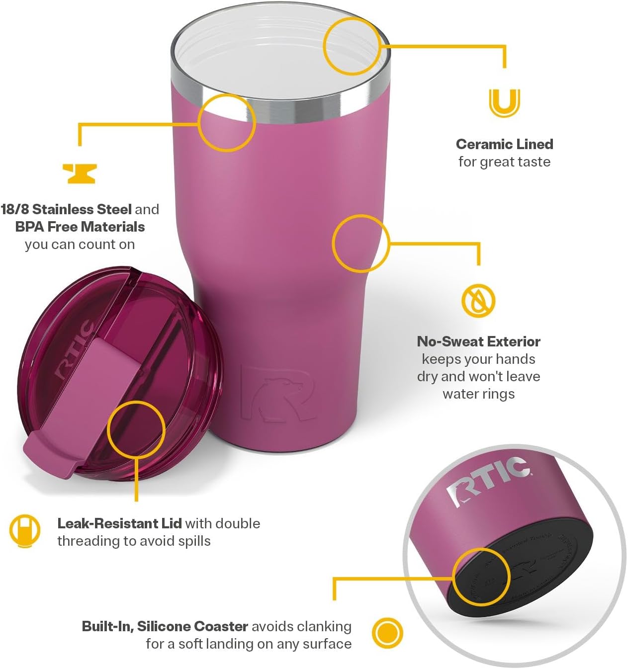RTIC 30oz Essential Tumbler with Lid, Ceramic Lined, Insulated, Stainless Steel, Metal, Double Wall Vacuum-Insulation, Travel Cup for Iced Coffee, Tea, Hot and Cold Drink, Orchid