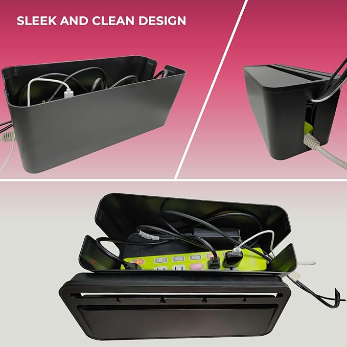 Cable Management Box Cord Organizer - The Cable Storage Box can Manage Hide Plugs Wires Power Strips USB Hub Router TV Computer Desk Cable for Home and Office Medium Black