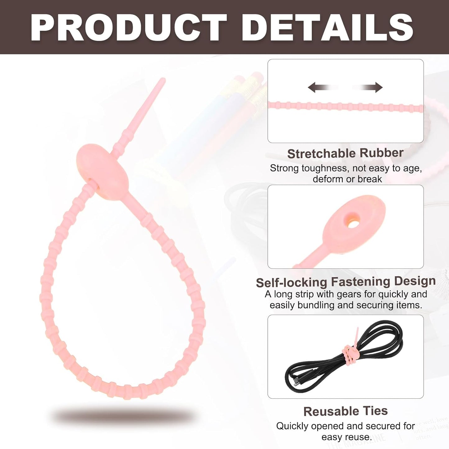 uxcell 20 Pcs Silicone Ties Bag Clip, 8.5 Inch Multi Purpose Silicone Zip Ties Reusable Rubber Zip Tie, Cable Strap Cord Organizer for Home Office Food Bag Wires Cables, Peach Pink