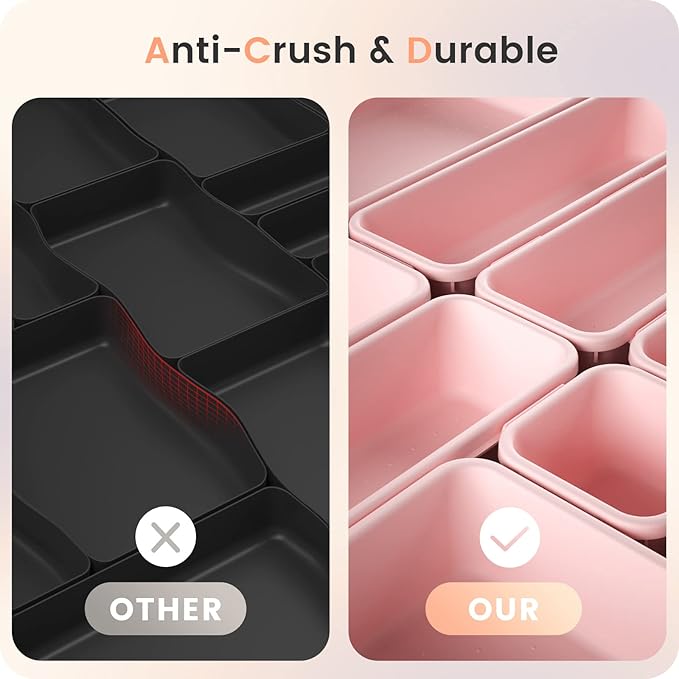 A-LuGei 【𝟮𝟴𝗣𝗖𝗦】 【𝟱𝗦𝗶𝘇𝗲】 Pink Drawer Organizer, Makeup organizer, 【Holds 177 Items】 Bathroom Organizers and Storage, Plastic Desk Organizer Divider, Organizer Bins for Office Vanity