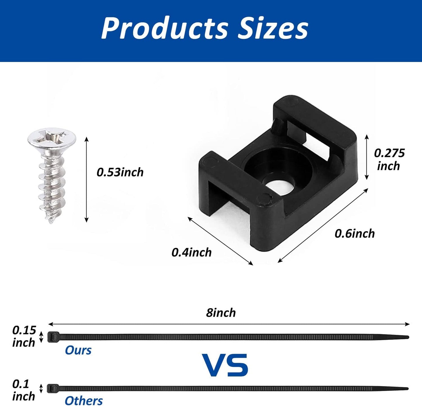 Cable Zip Tie Mounts Kit - 120 Set Wire Cable Clips Organizer Holders with 8" Cable Ties, Saddle Type Mounts Base and Tapping Screw, Black