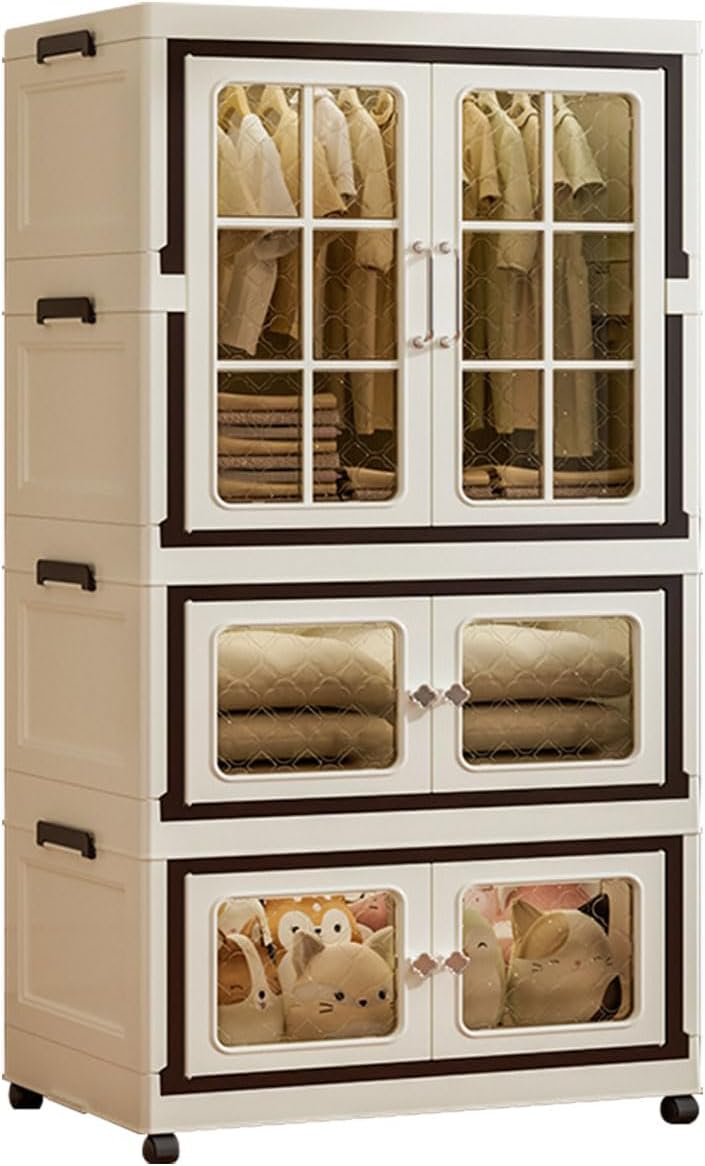 4 Tier Stackable Storage Bins with Lid, Plastic Collapsible Cabinet with Wheels, Large Closet Organizer, Foldable Storage Cabinets for Home and Office (2+1 Transparent Plus)