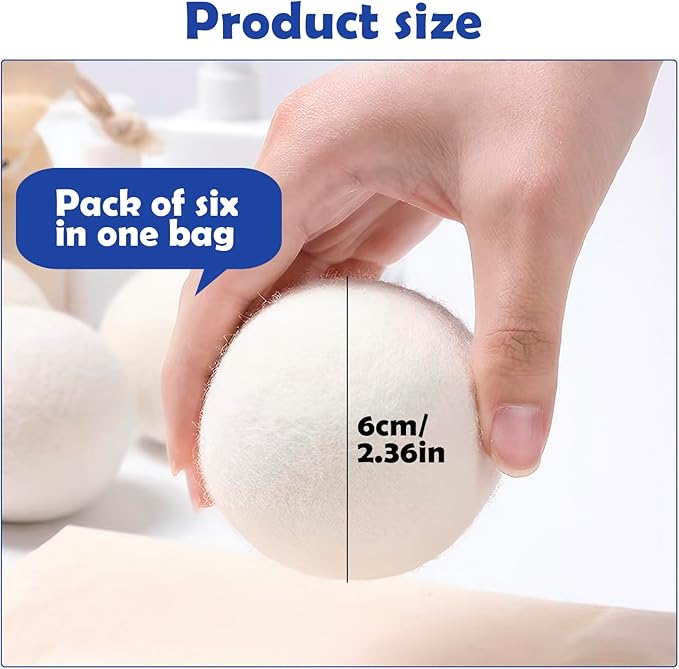 Reusable Wool Dryer Balls for Laundry, 6-Pack Handmade Drying Balls 2.36 in, Natural Fabric Softener, Helps Soften Clothes and Shorten Drying Time, with Cotton Storage Bag