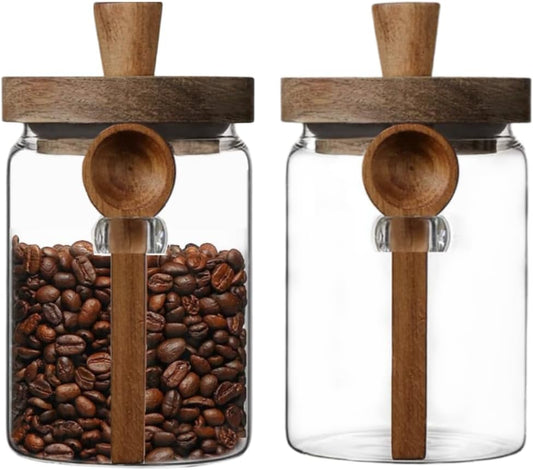 ANSQU Set of 2 Glass Food Storage Jars with Bamboo Wood Lid and Spoon, 20.3oz Glass Kitchen Canisters for Coffee, Tea, Cereal, Spice and Canning, Mason Jars, Cute Jar