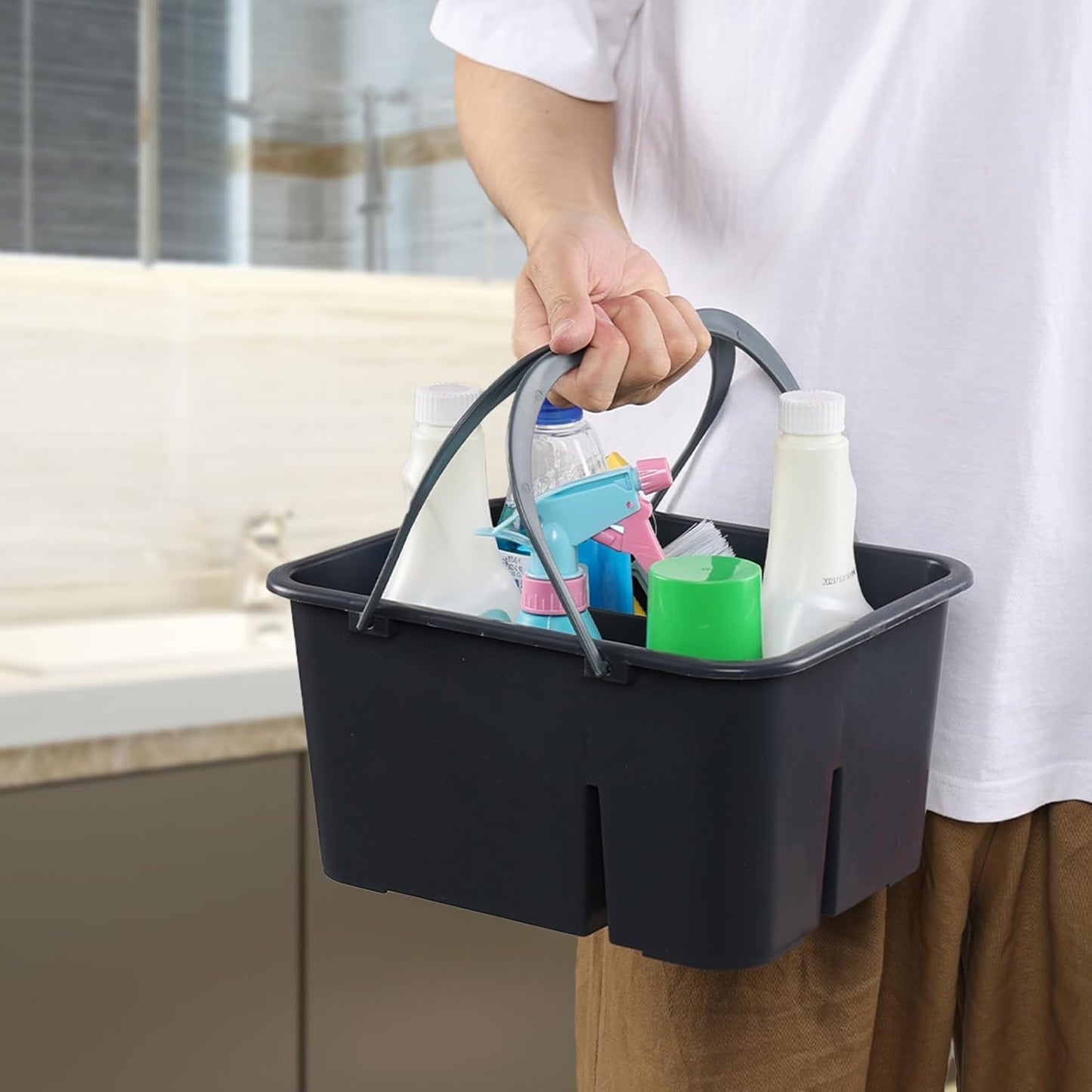 Plastic Cleaning Caddy Organizer with Handle, Carry Caddy for Cleanig Supplies, Deep Grey