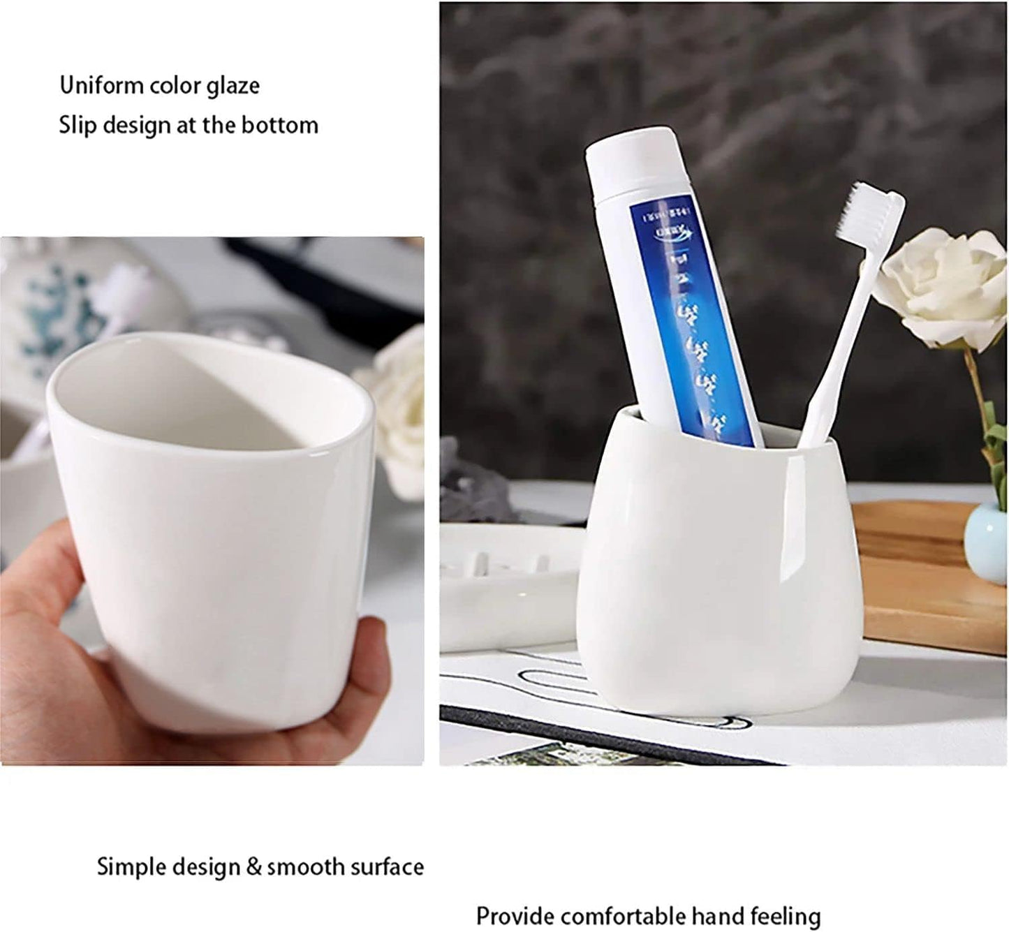 White Ceramic Bathroom Accessory Set, Bathroom Vanity Countertop Set, Bathroom Soap Dispenser and Toothbrush Holder Set Complete, 2 Tumbler Cup, Soap Dish, 5 Pieces