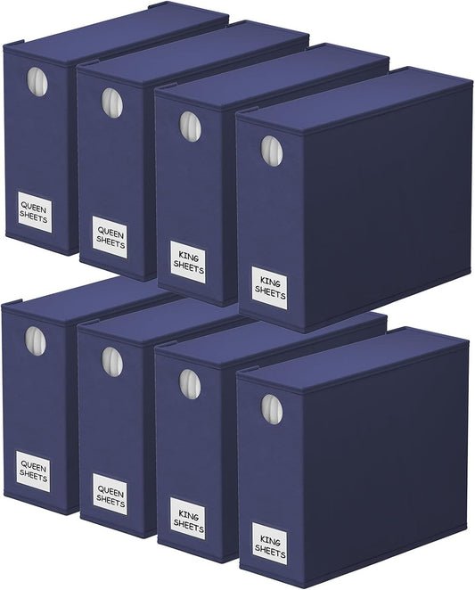 SpaceAid 8 Pack Bed Sheet Organizers and Storage, Foldable Sheet Organizer for Linen Closet, Sheets Set Folder Keeper with Window XL (Queen & King Size) Bedding Container (Navy Blue, 8 Pack)