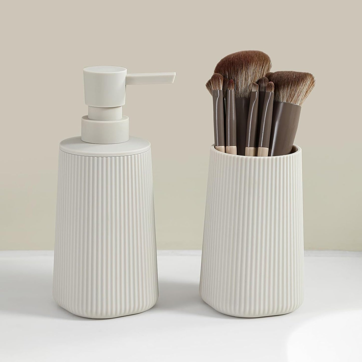 Bathroom Accessories 2 Piece Soap Dispenser and Toothbrush Holder Set Striped Beige