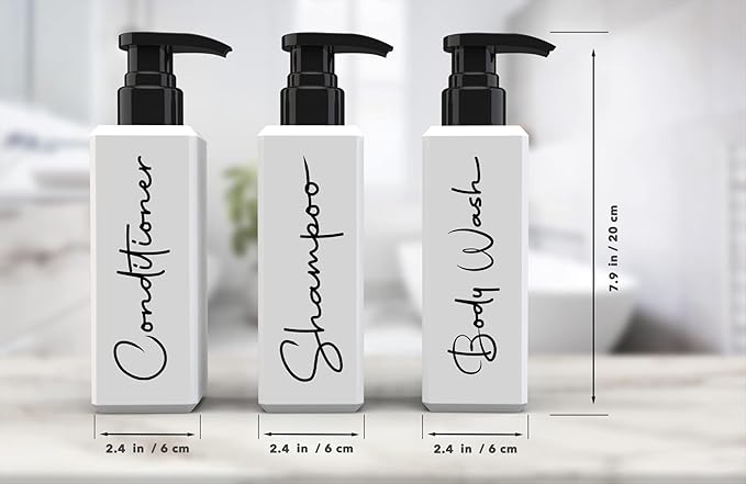 Luxury Spa-Inspired Shampoo and Conditioner Dispenser Set – 3 Refillable Pump Bottles for Shower Wall – Printed Shampoo, Conditioner & Body Wash