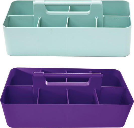 Portable Caddy Organizer -2 Stackable Plastic Caddy with Handle | Desk, Makeup, Dorm Caddy, Classroom Art Organizers (Made In Usa) (Mint/Royal Purple)