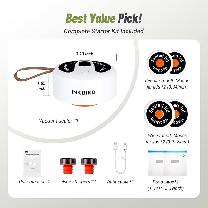 INKBIRD 2025 Upgrade 3-in-1 Electric Mason Jar Vacuum Sealer Kit for Wide/Regular Mouth Canning Jars & Bags, Wireless Portable & Automatic Jar Sealer with Reusable Mason Jar Lids*4, 100 Cycles, Gift