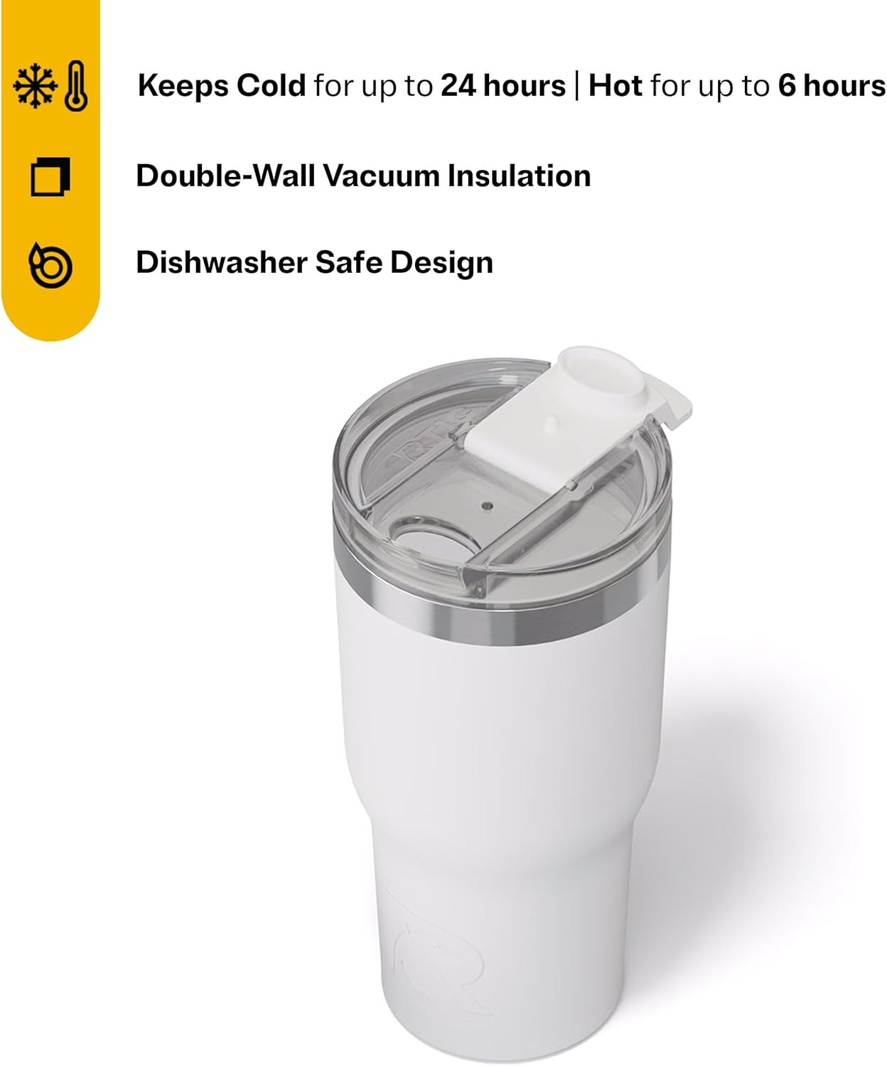 RTIC 20oz Essential Tumbler with Lid, Ceramic Lined, Insulated, Stainless Steel, Metal, Double Wall Vacuum-Insulation, Travel Cup for Iced Coffee, Tea, Hot and Cold Drink, White