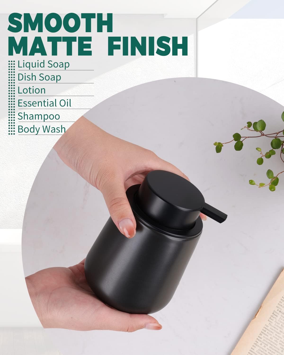 Bosilunlife Black Lotion Dispenser - 12Oz Ceramic Soap Dispenser Bathroom Refillable Liquid Hand Wash Dispenser for Bathroom Kitchen Dish Soap Dispenser with Easy-to-Press Pump