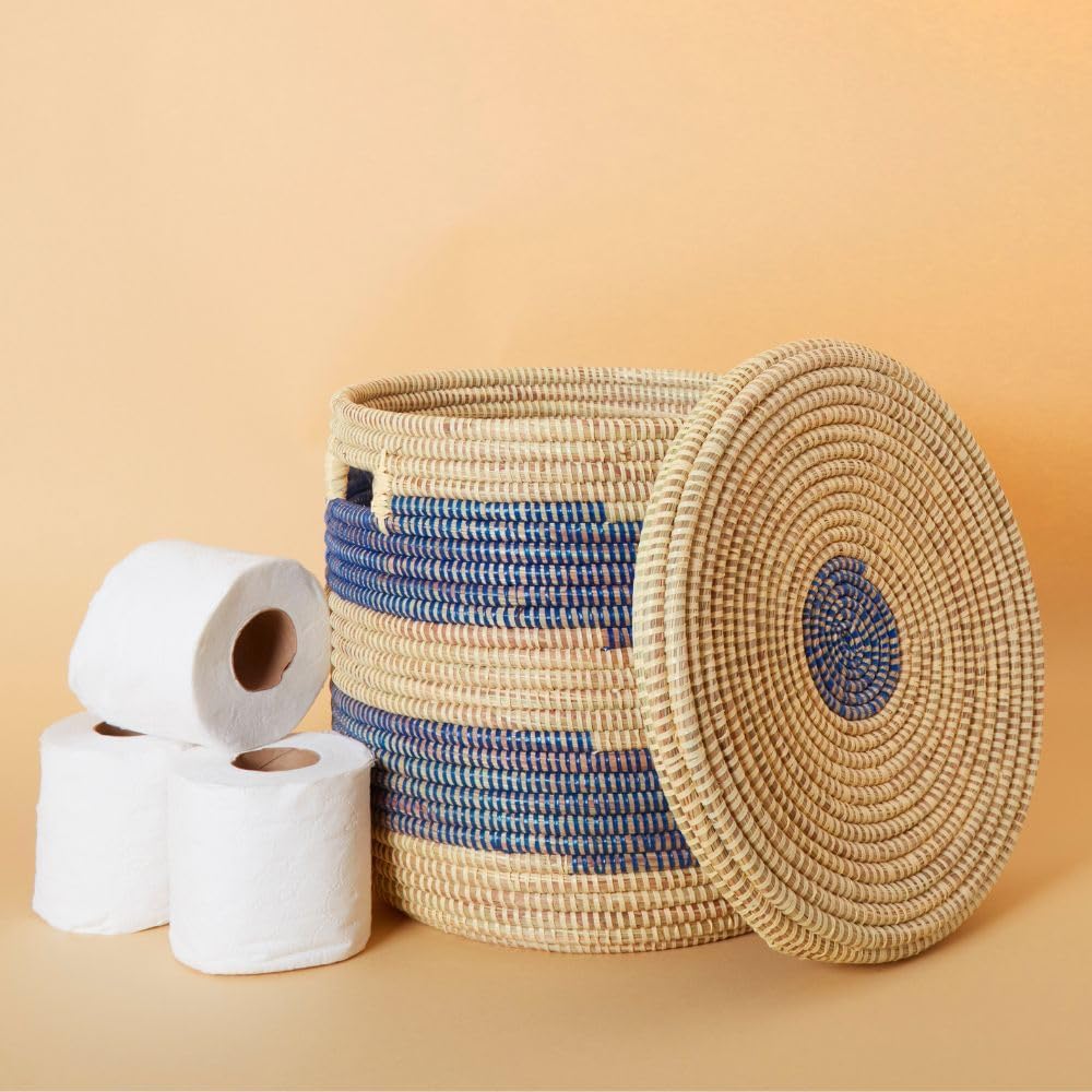 Shelf Basket, Organizing, Home Decor, Wicker Basket, Small Storage for Towels, Toilet Paper, and Toiletries, Woven, 12" wide, Blue