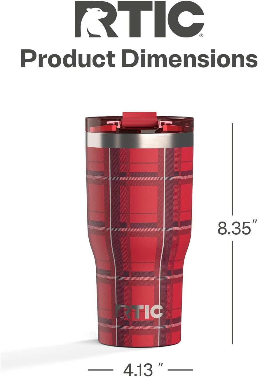 RTIC 30oz Essential Tumbler with Lid, Ceramic Lined, Insulated, Stainless Steel, Metal, Double Wall Vacuum-Insulation, Travel Cup for Iced Coffee, Tea, Hot and Cold Drink, Red Plaid