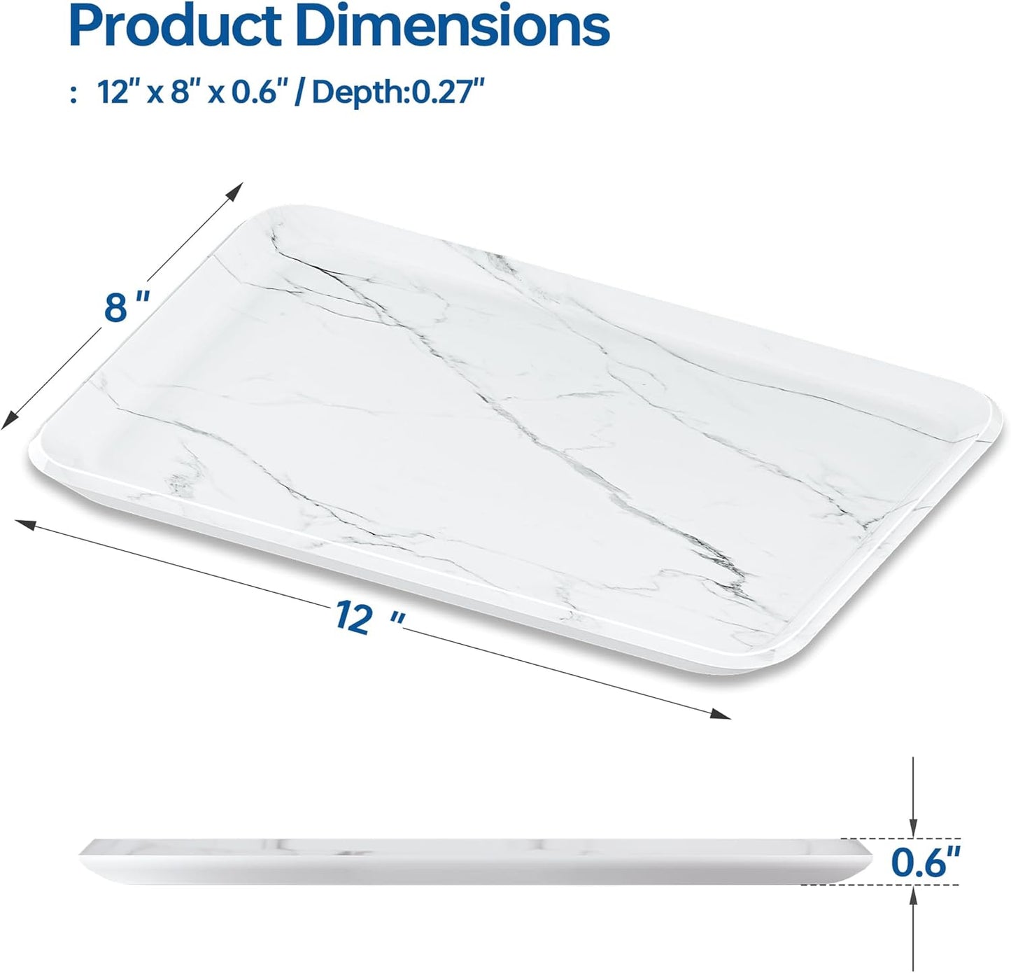 Vanity Decorative Glass Tray,12" x 8" White Marble Pattern Perfume Tray, Bathroom Tray Countertop Organizer for Soap Towel, Jewelry, Candle