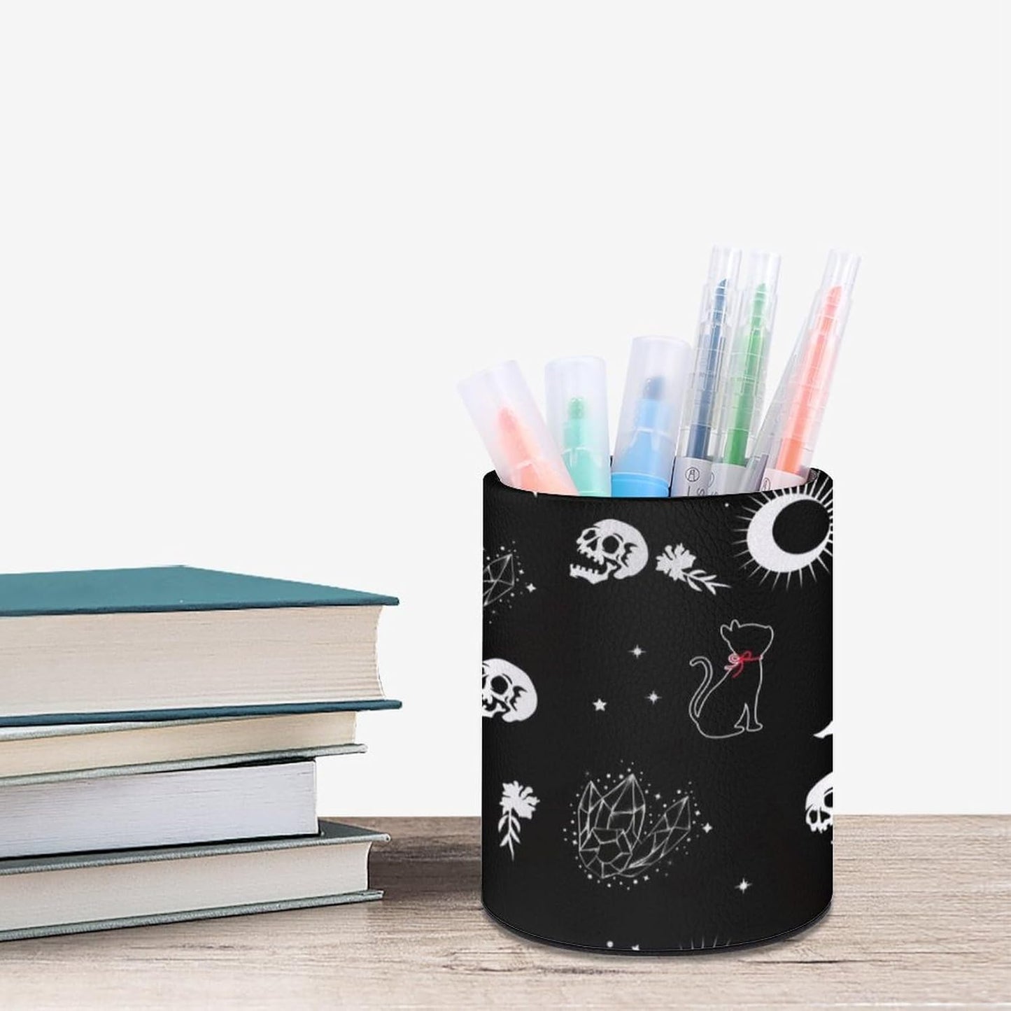 Gothic Skull Cat Moon Pen Holder Pencil Organizer Cute Pencil Cup Desk Decor Makeup Brush Holder PU Multifunctional Office Suppliesfor Home Classroom School