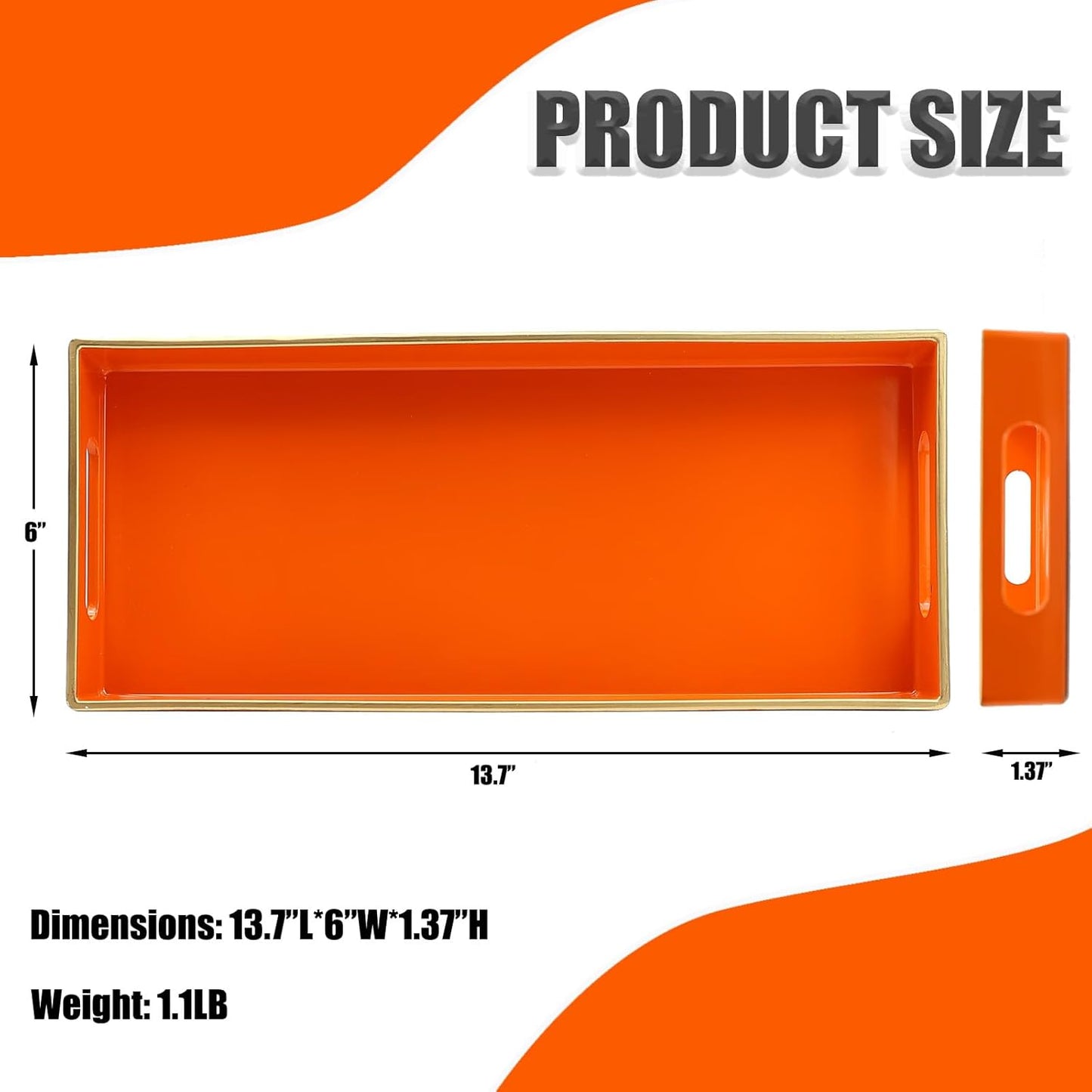 Orange Bathroom Vanity Tray for Countertop, Small Plastic Toilet Tank Versatile Storage & Organization Tray for Makeup, Perfume, Desk, Kitchen, Candles, 13.7"x6"x1.4", 35O