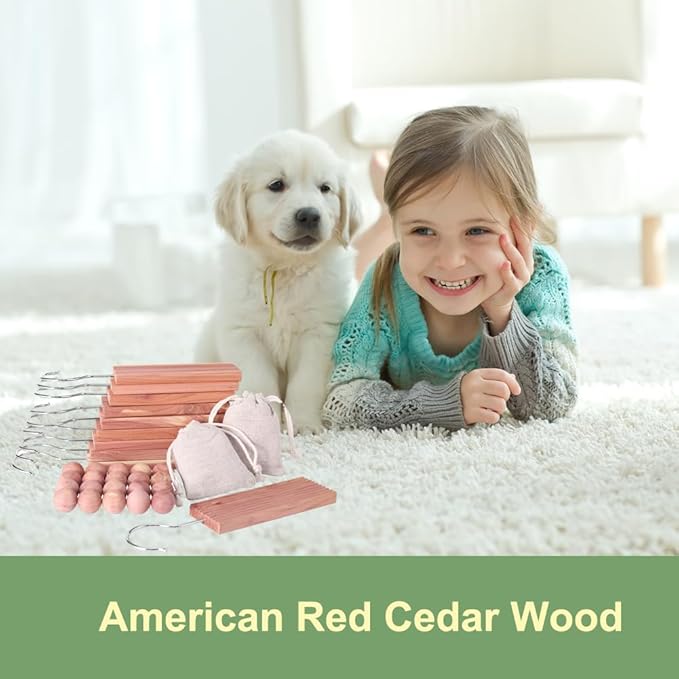 Cedar Blocks for Clothes Storage, Hang Ups 10pcs Cedar Balls 20pcs and Chip Bags 2pcs for Closet Storage Totally 32PCs