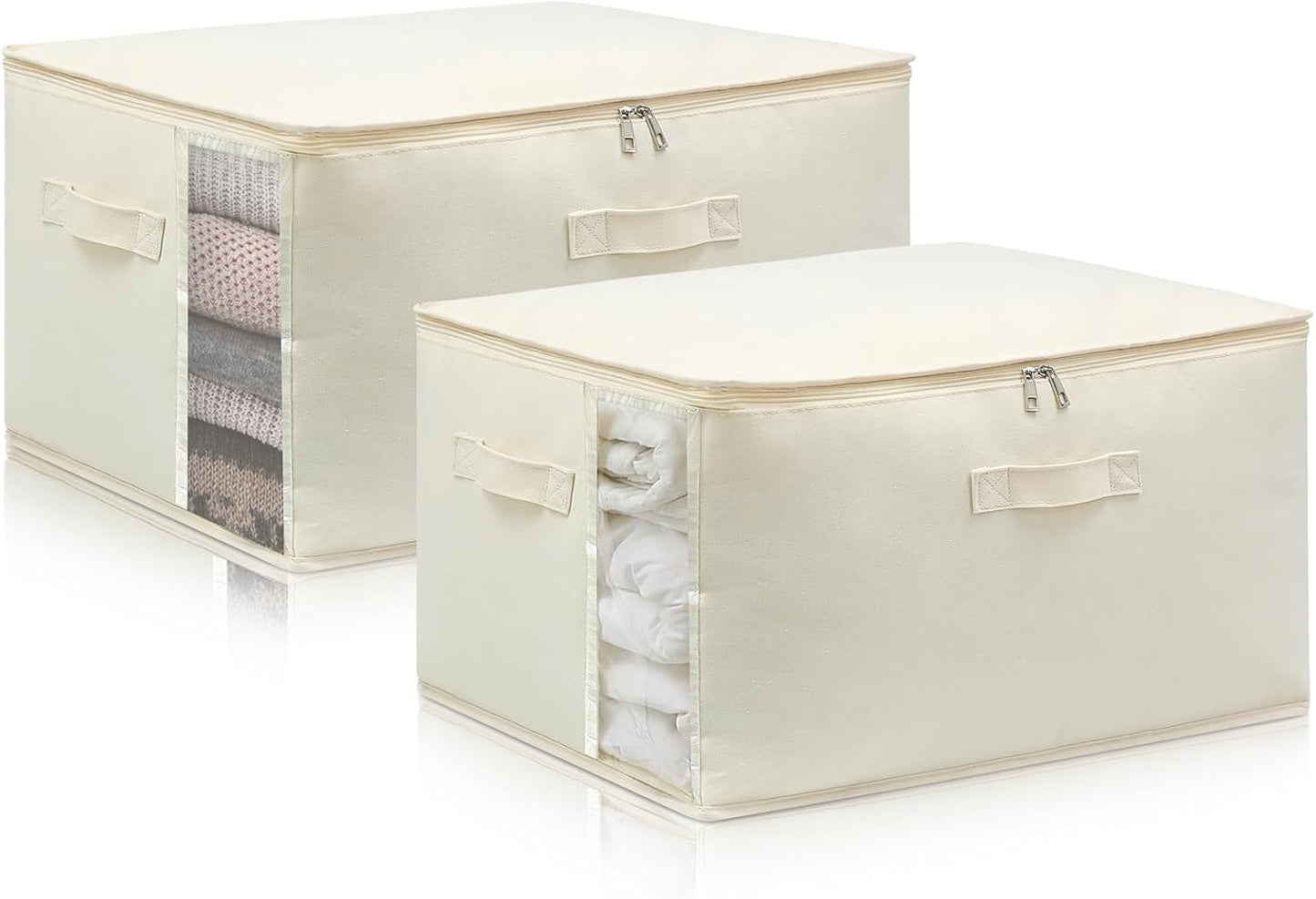 Canvas Comforters Bags Closet Organizers and Storage for Quilts Clothes Organization Containers Bins with Sturdy Zipper, Clear Window 75L for Sweaters Blankets Storage Bedroom Collapsible 2Pack