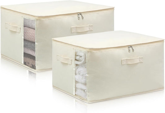 Canvas Comforters Bags Closet Organizers and Storage for Quilts Clothes Organization Containers Bins with Sturdy Zipper, Clear Window 75L for Sweaters Blankets Storage Bedroom Collapsible 2Pack