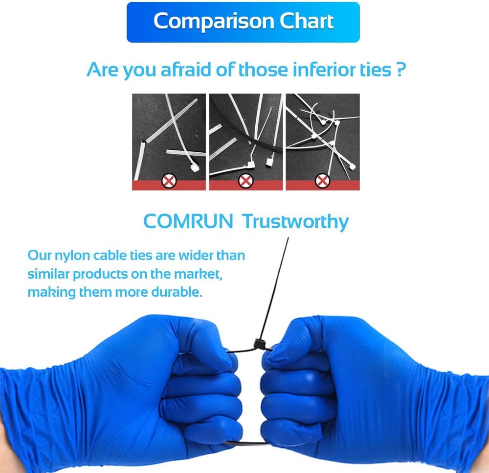 1000pcs 10Inch Nylon Zip Ties, 50 Pounds Tensile Strength, Industrial Grade, White Cable Tie, UV Resistant,Heavy Duty,for Home,Garden Trellis,Office,Garage and Workshop