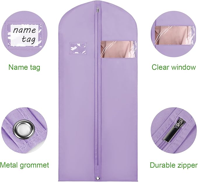 KEEGH Garment Bags for Hanging Clothes 60" (Set of 6) Dress Bags for Gowns Long Dress Bags for Closet Storage with Zipper and Eye-Hole for Folding for Suit Coats Dresses, Purple