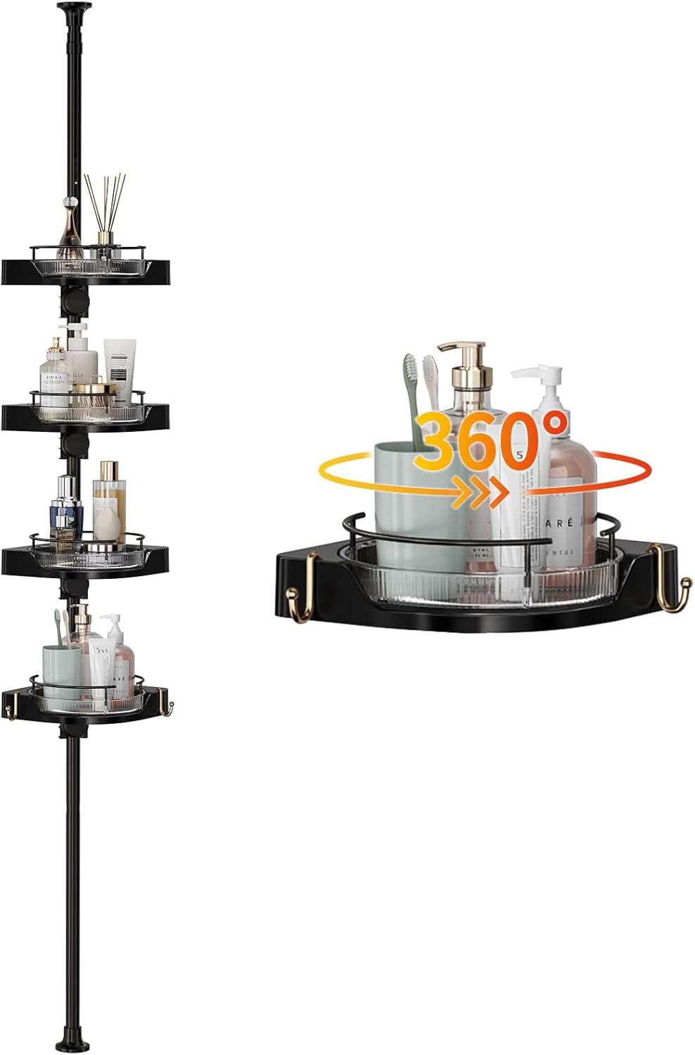 Shower Caddy Tension Pole with 4 L-Lazy Susan Organizer 360 Rotating 35-128 Inch No Drilling Floor Standing Shelves Adjustable Shower Rack for Bathroom Corner (Black)